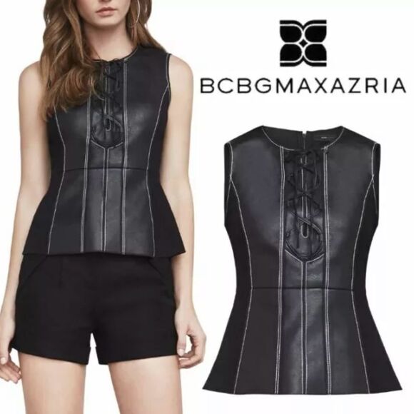 BCBG MAX AZRIA KYA FAUX-LEATHER TOP BLACK RPY1Y869 SIZE S - Picture 1 of 12